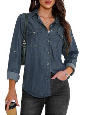 Womens Denim Button Down Shirt Oversized Cowgirl Western Long Sleeve Cotton